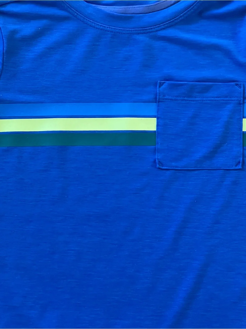 Athleta Royal Blue Short Sleeve Pocket Tee with Lime & Teal Stripes